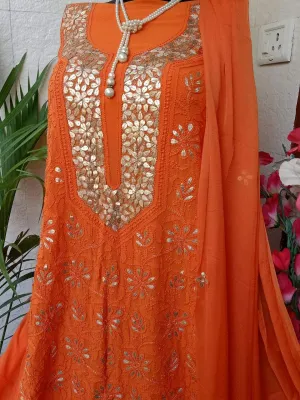 Sunset Orange Fancy Party Wear Chikankari Gota Salwar Kameez Unstitched