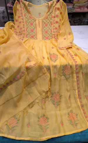 Sunset Yellow Chanderi Chikankari Semi Stitched Salwar Suit