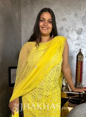 Sunshine Yellow Heavy Lucknowi Chikankari Gota Patti Unstitched Salwar Kameez