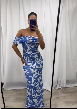 Tallow Elegant Off-Shoulder Mesh Maxi Dress -Blue /White