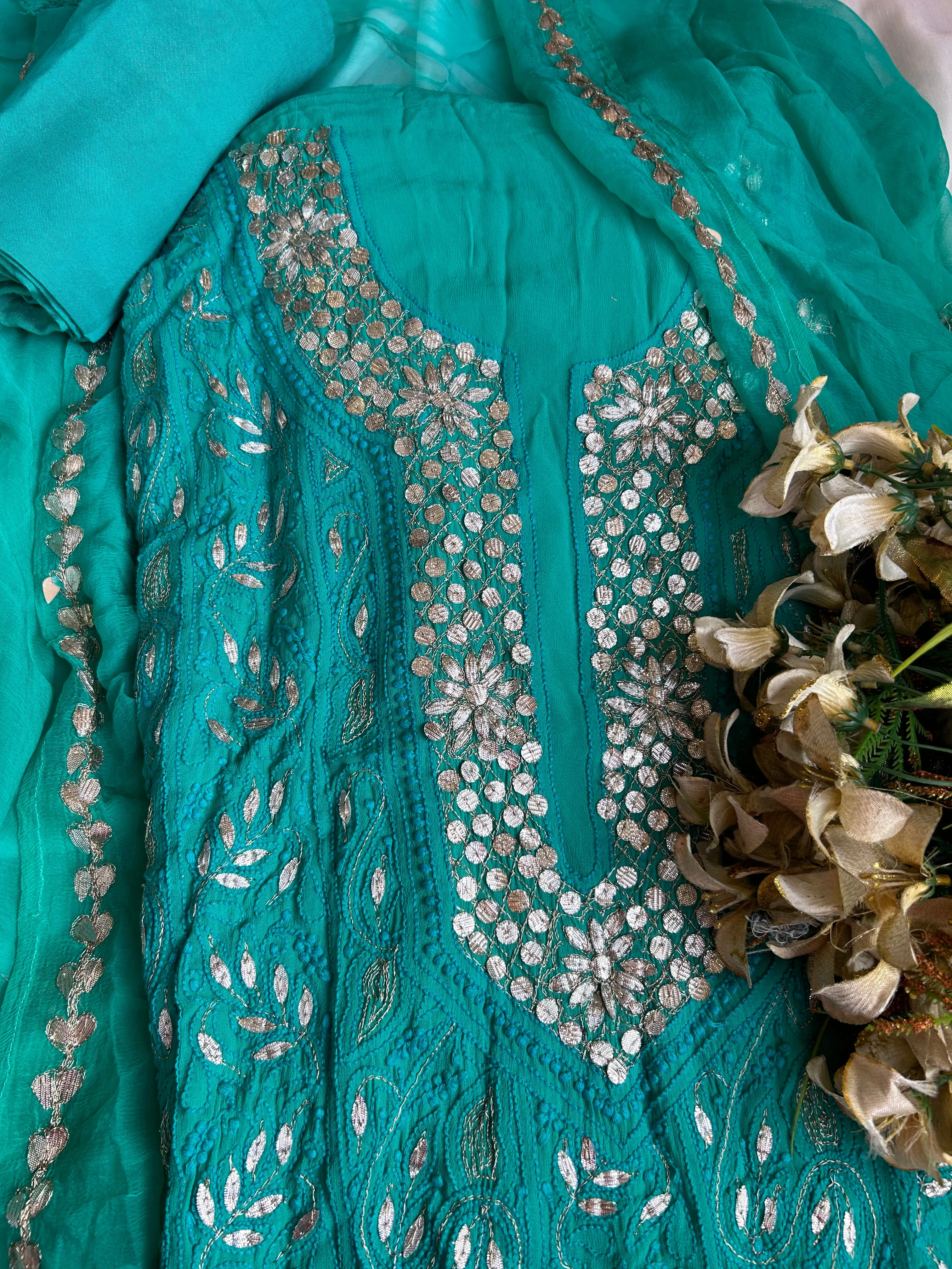Teal Green Lucknowi Gota work Unstitched salwar suit set