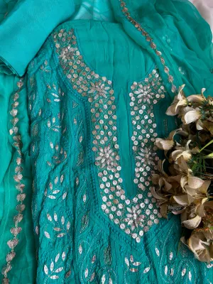Teal Green Lucknowi Gota work Unstitched salwar suit set