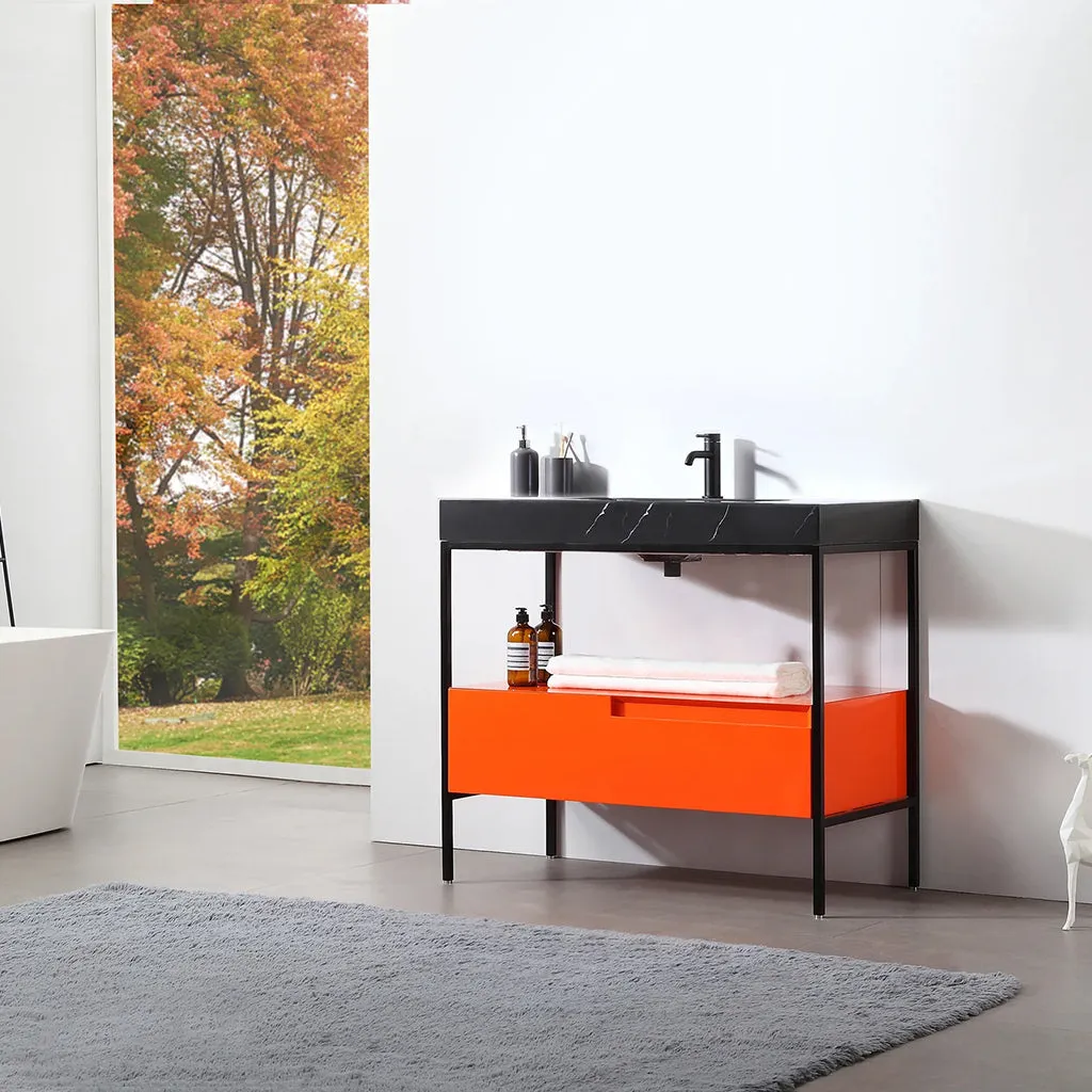 Texel 1 Drawer And 1 Open Shelf Bathroom Vanity with Quartz Sink - Floor Mount - 42" Wood/Metal/Red Amber/Black