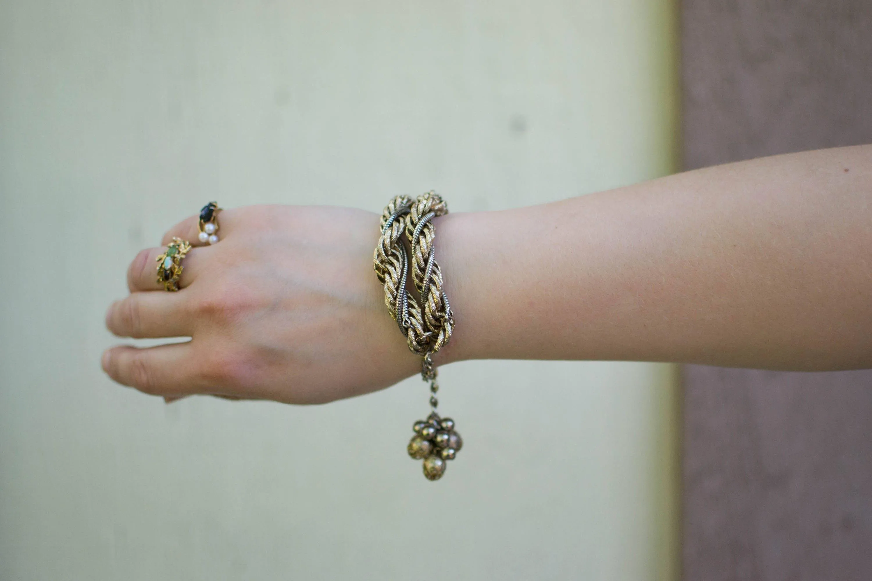Thick Gold Chain Bracelet with Gold Beads that Dangle