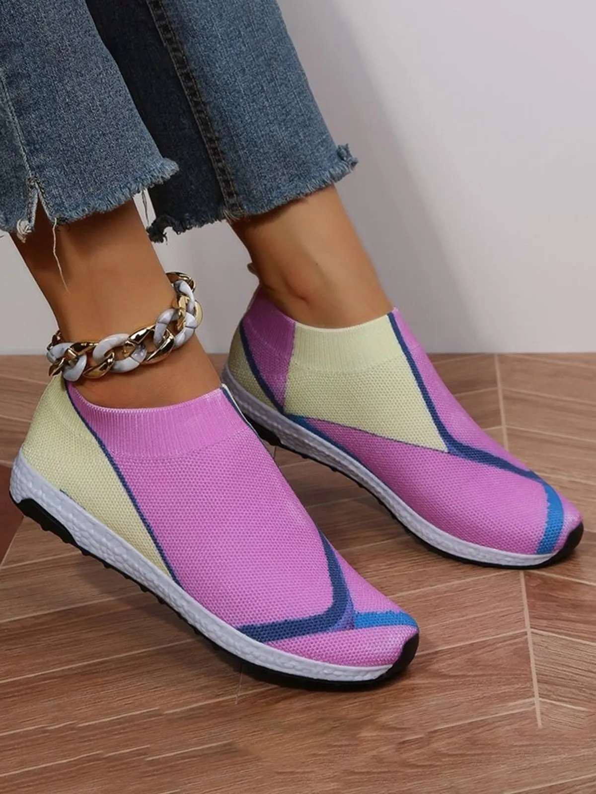 Thick Sole Color Blocking Fly Woven Mesh Slip-On Sneakers Lazy Casual Shoes