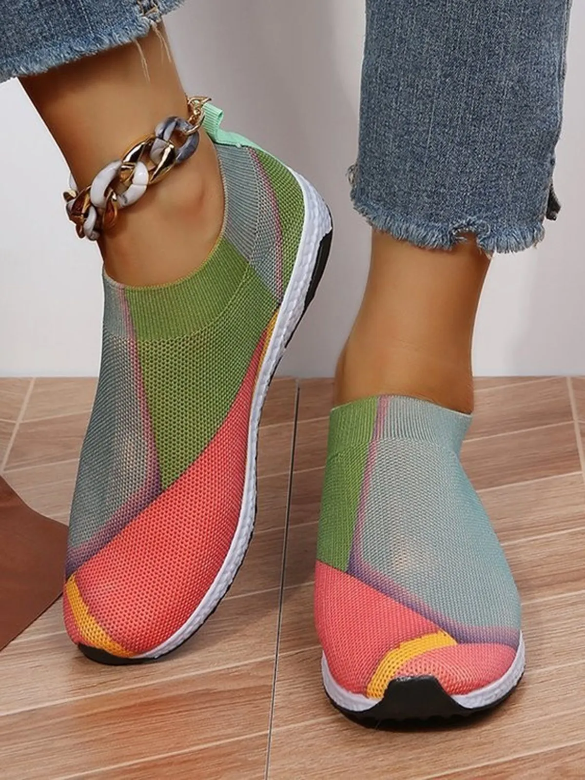 Thick Sole Color Blocking Fly Woven Mesh Slip-On Sneakers Lazy Casual Shoes