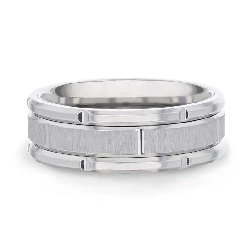 Thorsten WARRICK Alternating Grooves And Horizontal Etched Finish Titanium Men's Wedding Band with Alternating Grooved Beveled Polished Edges - 8mm