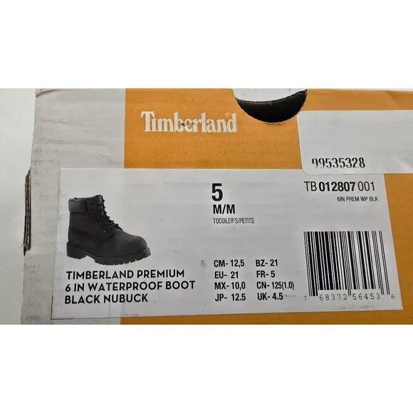 Timberland Todler 6' Premium Waterproof Boot 12807 Black Size 5 NI…
