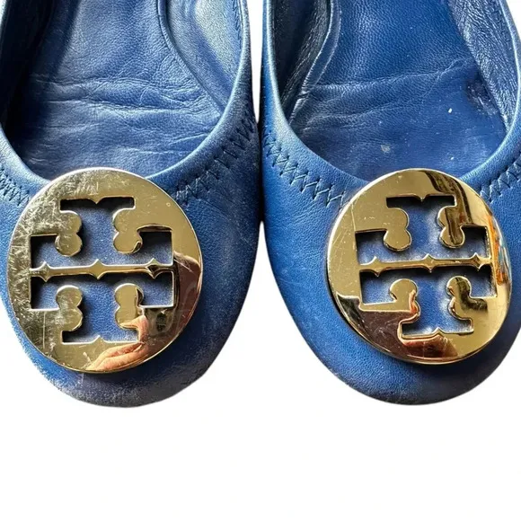 Tory Burch Blue Leather Twiggie Scrunch Ballet Flats