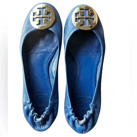 Tory Burch Blue Leather Twiggie Scrunch Ballet Flats