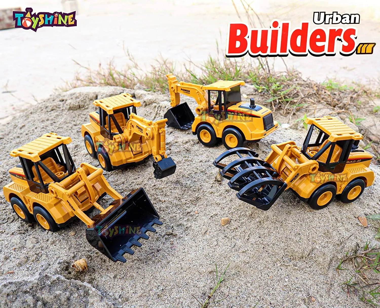 Toyshine Pack of 4 ABS Plastic Construction Vehicle Automobile Car Toy Set, Friction Powered, 4WD Toy Set
