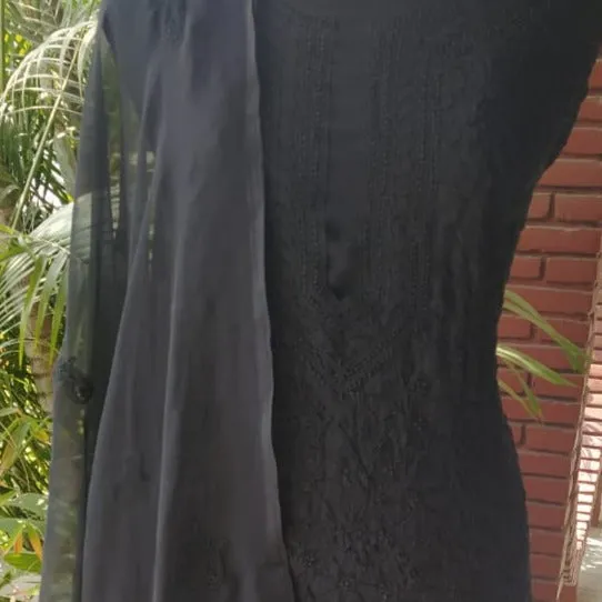 Trending Black Georgette Lucknowi Chikankari Kurti Set Unstitched