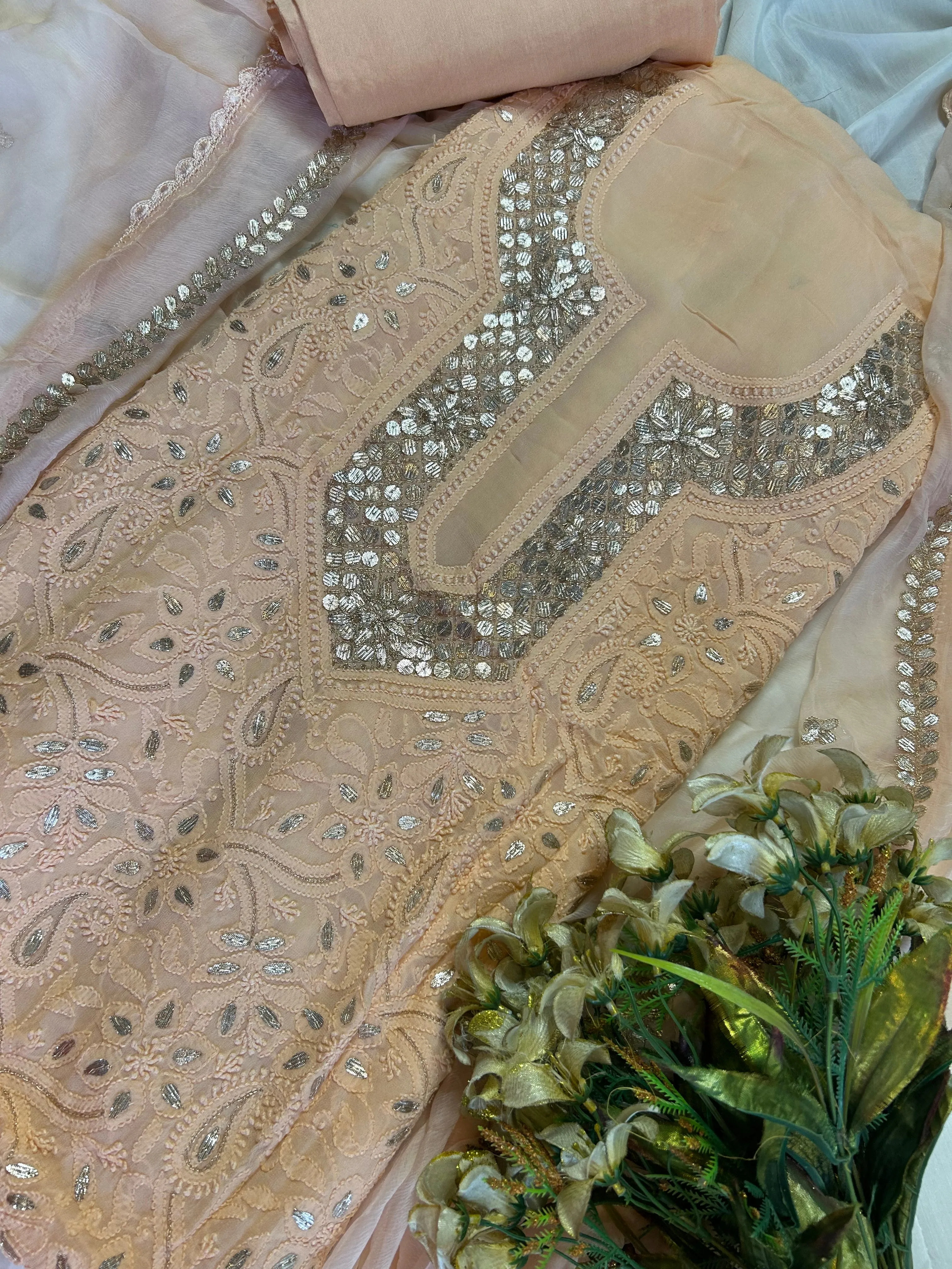 Trending Fancy Chikankari Mukaish Work Salwar Suit In Blush Peach
