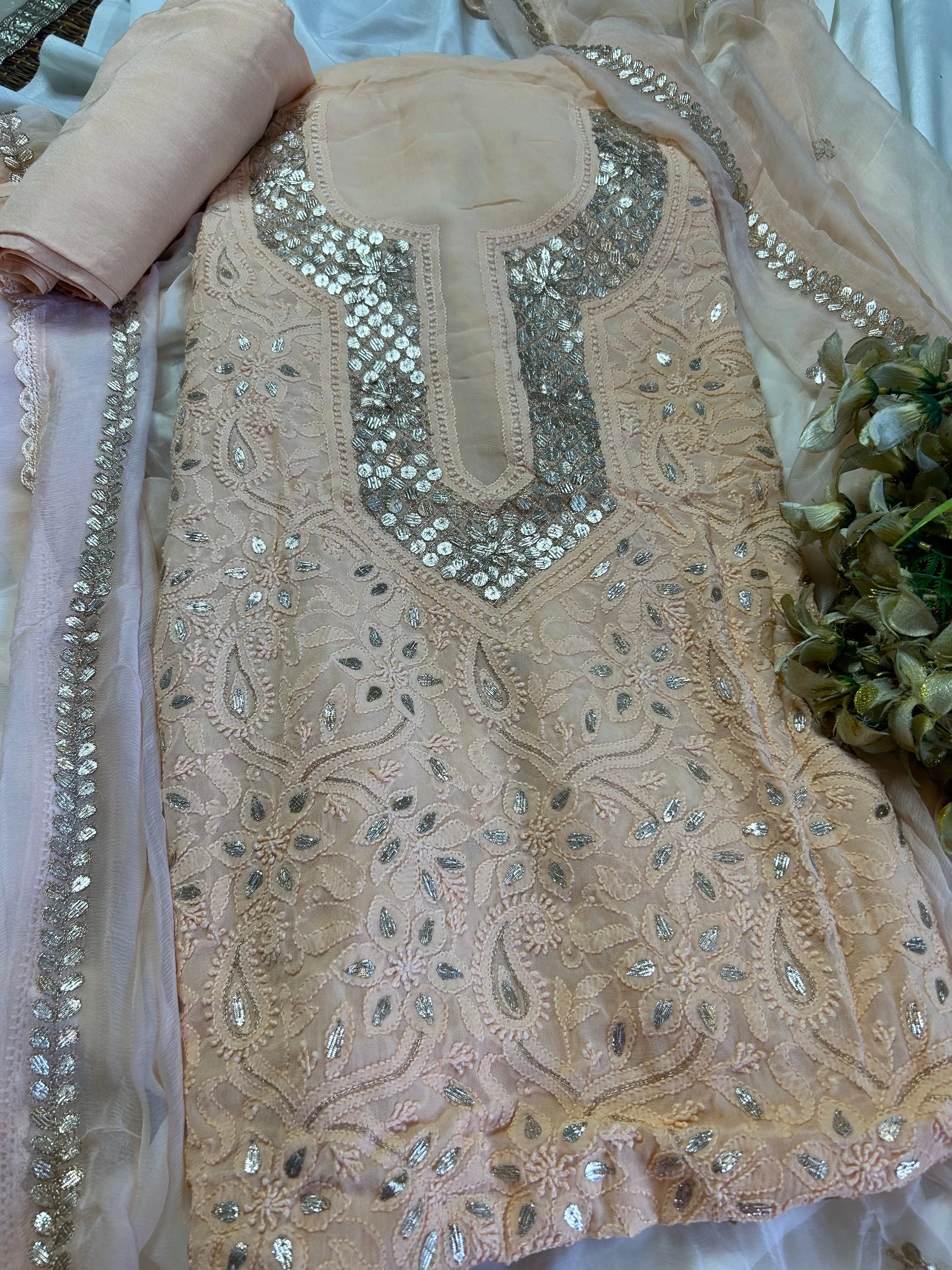 Trending Fancy Chikankari Mukaish Work Salwar Suit In Blush Peach