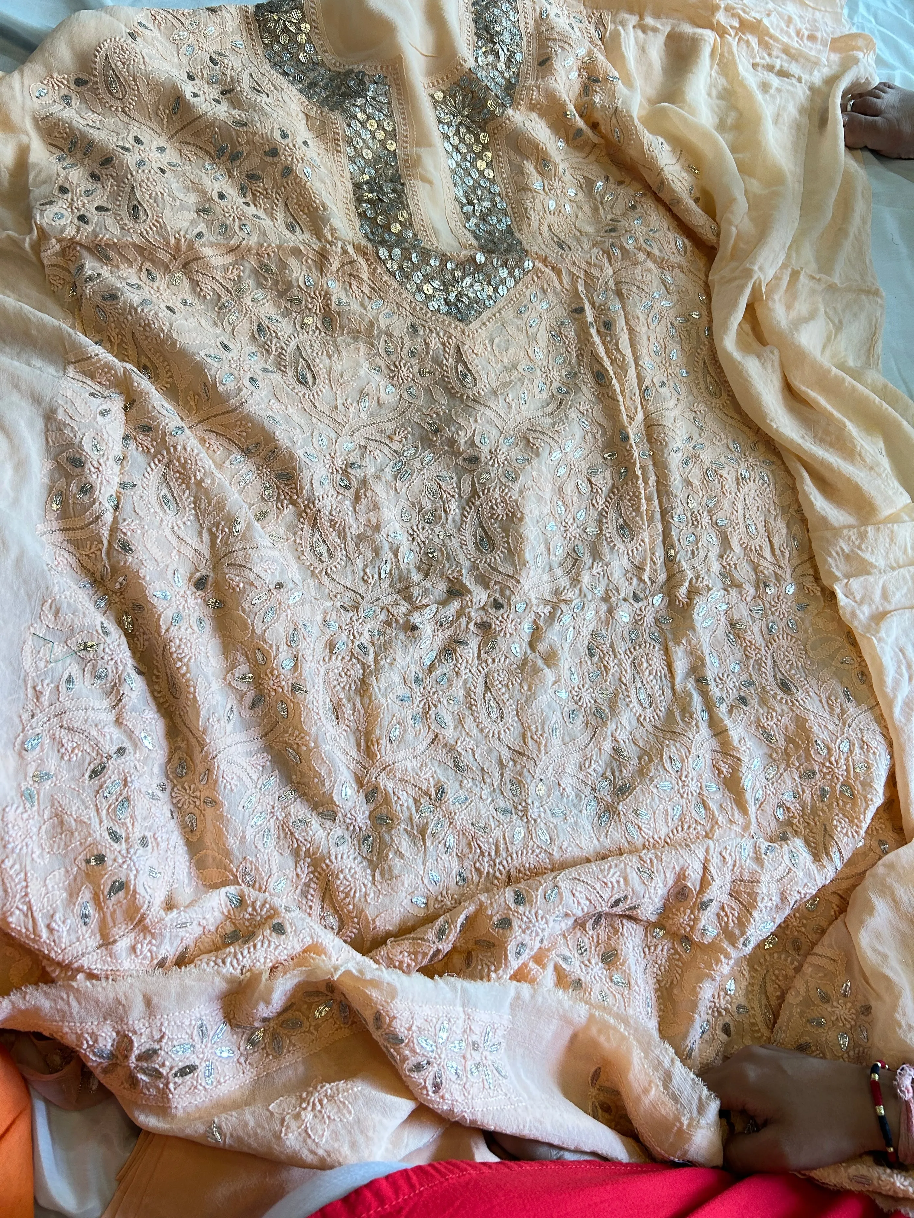 Trending Fancy Chikankari Mukaish Work Salwar Suit In Blush Peach