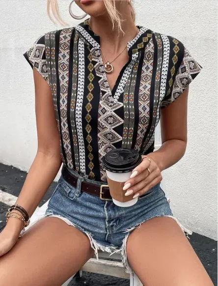 Tribal Threads V-Neck Cap Sleeve Printed Blouse