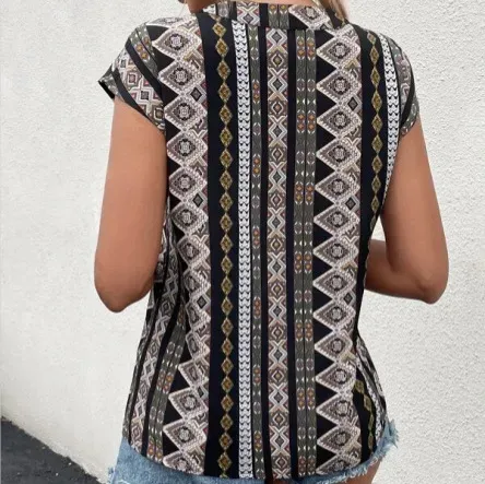 Tribal Threads V-Neck Cap Sleeve Printed Blouse