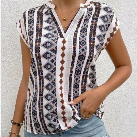 Tribal Threads V-Neck Cap Sleeve Printed Blouse