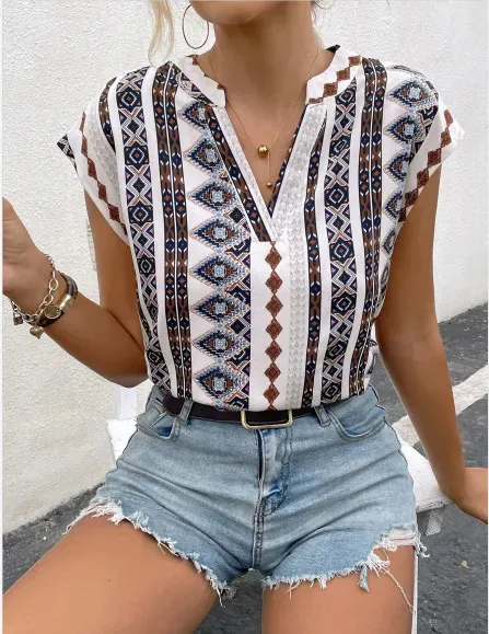 Tribal Threads V-Neck Cap Sleeve Printed Blouse