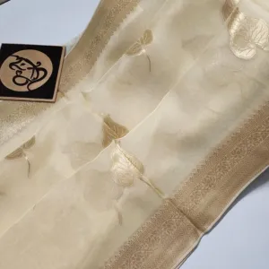 Unique Gold Beige Banarsee Soft SIlk Zari Party Saree