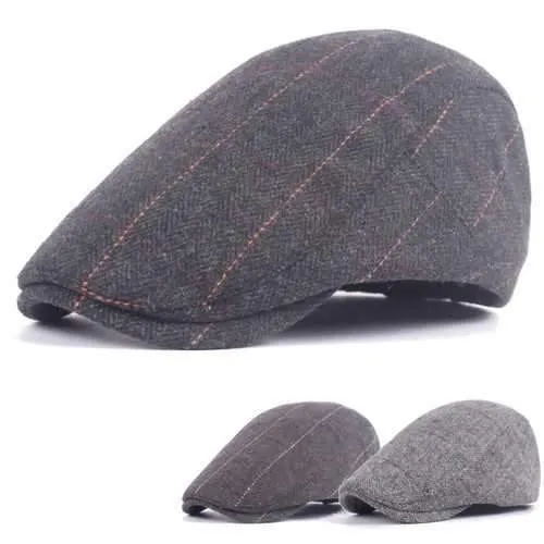Unisex Woolen Cotton Blend Gird Blank Newsboy Beret Cap Adjustable Thick Golf Cabbie Hat For Men