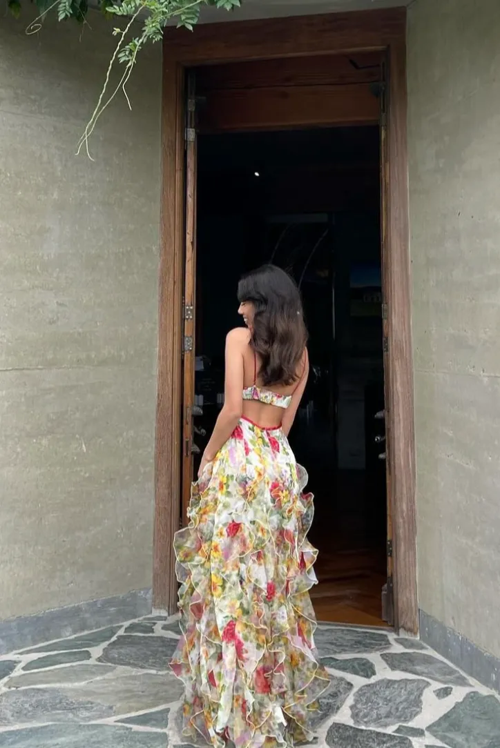 Velora Chiffon Rose Print Slit Maxi Dress