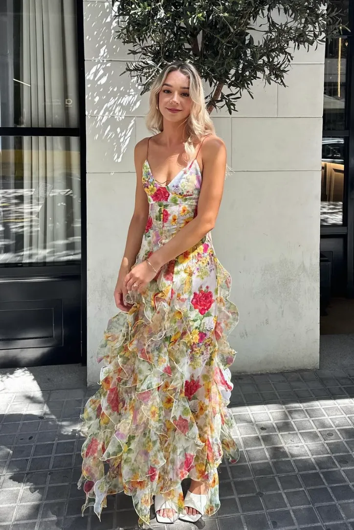 Velora Chiffon Rose Print Slit Maxi Dress