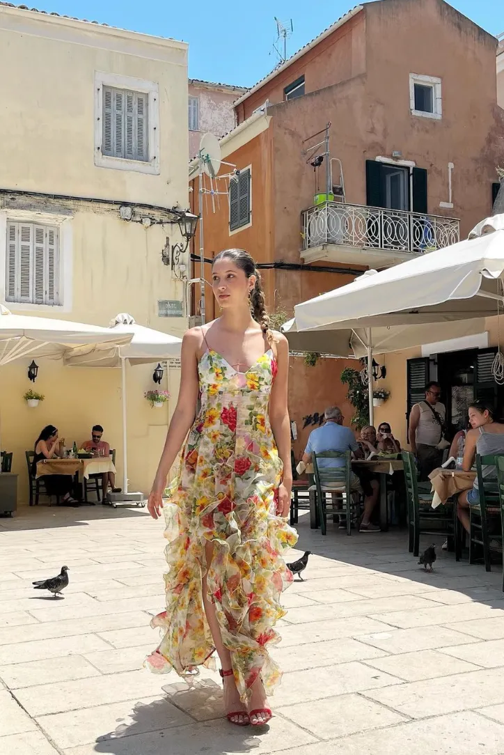 Velora Chiffon Rose Print Slit Maxi Dress