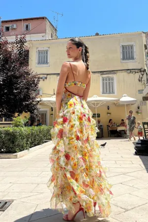 Velora Chiffon Rose Print Slit Maxi Dress