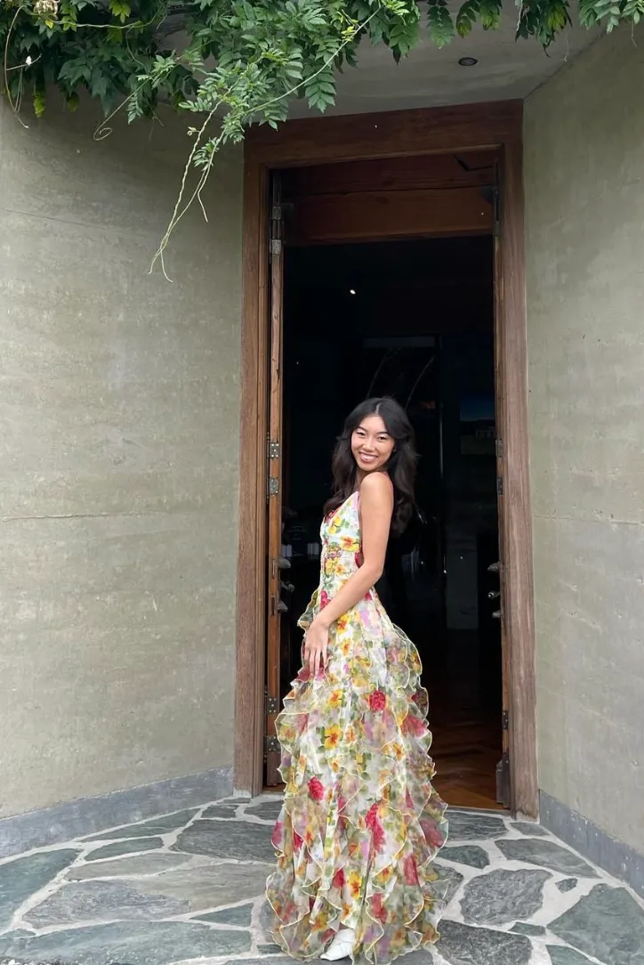 Velora Chiffon Rose Print Slit Maxi Dress