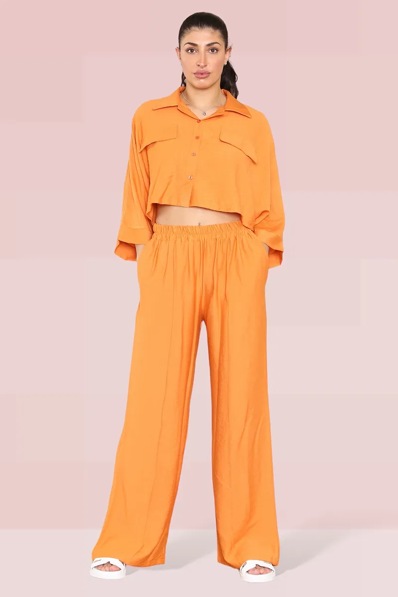 Versatile Half Sleeve Button Crop Top & Elastic Waist Trousers Co-ord