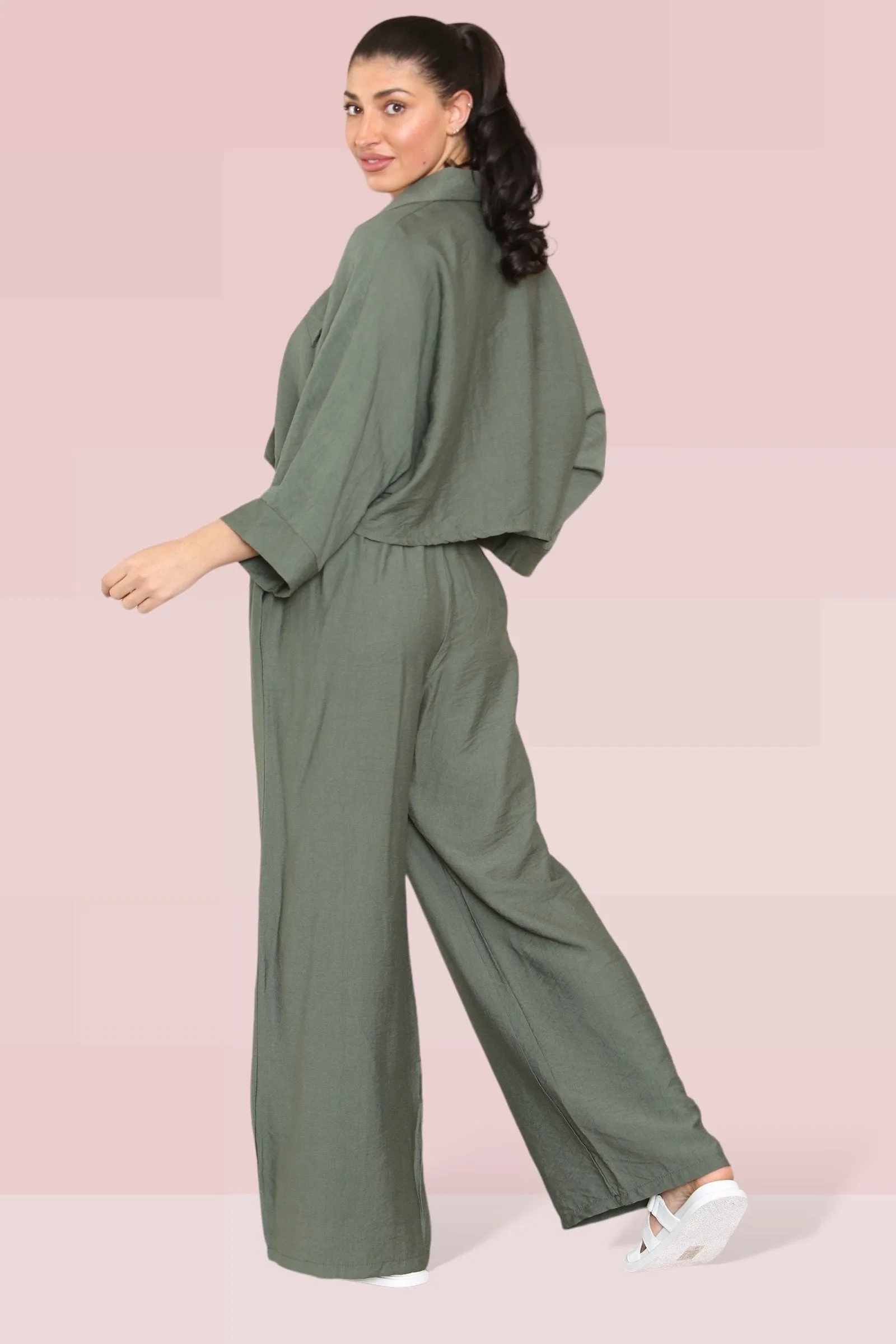 Versatile Half Sleeve Button Crop Top & Elastic Waist Trousers Co-ord