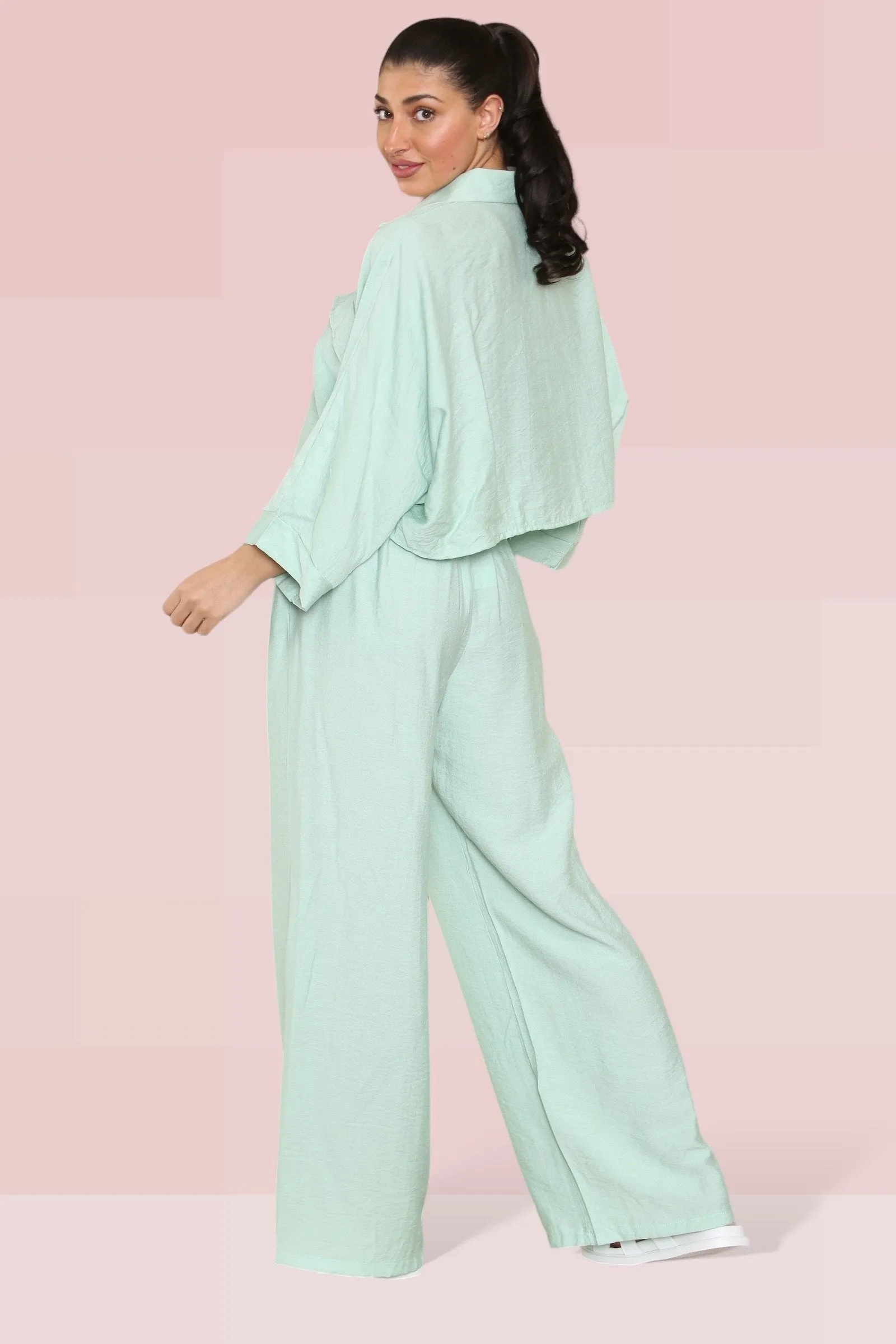 Versatile Half Sleeve Button Crop Top & Elastic Waist Trousers Co-ord