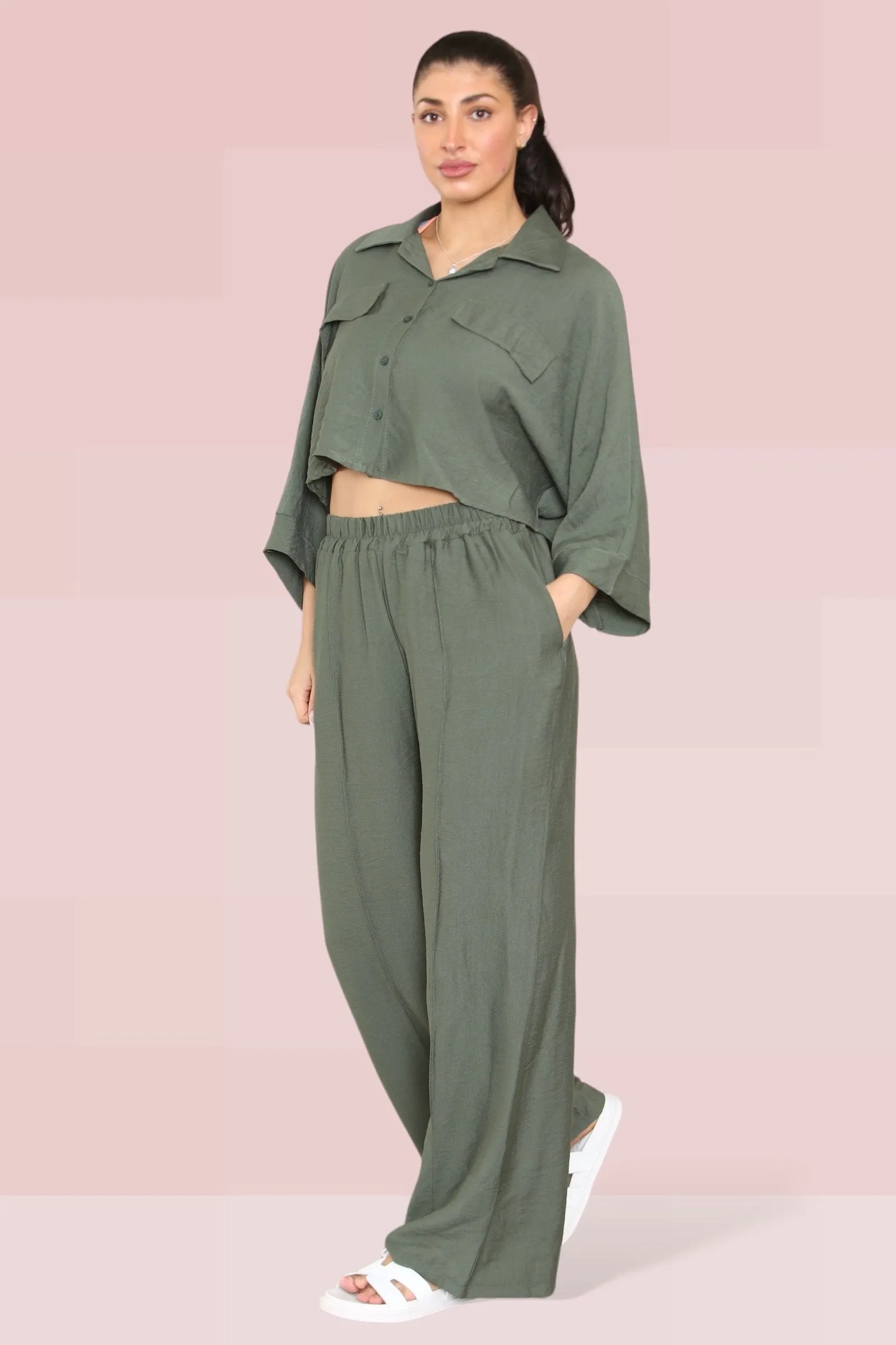 Versatile Half Sleeve Button Crop Top & Elastic Waist Trousers Co-ord