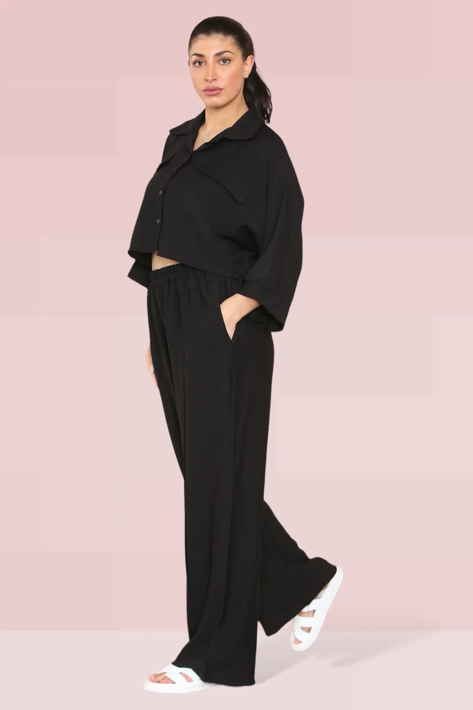 Versatile Half Sleeve Button Crop Top & Elastic Waist Trousers Co-ord