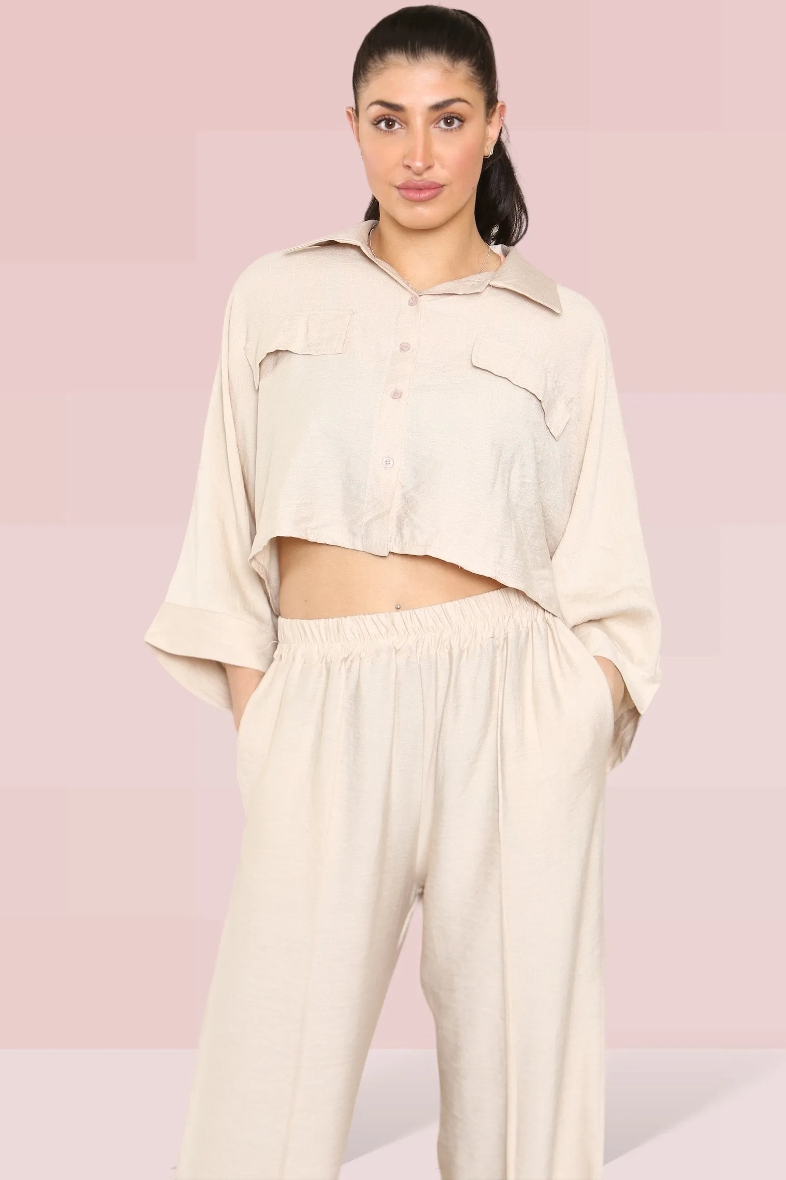 Versatile Half Sleeve Button Crop Top & Elastic Waist Trousers Co-ord