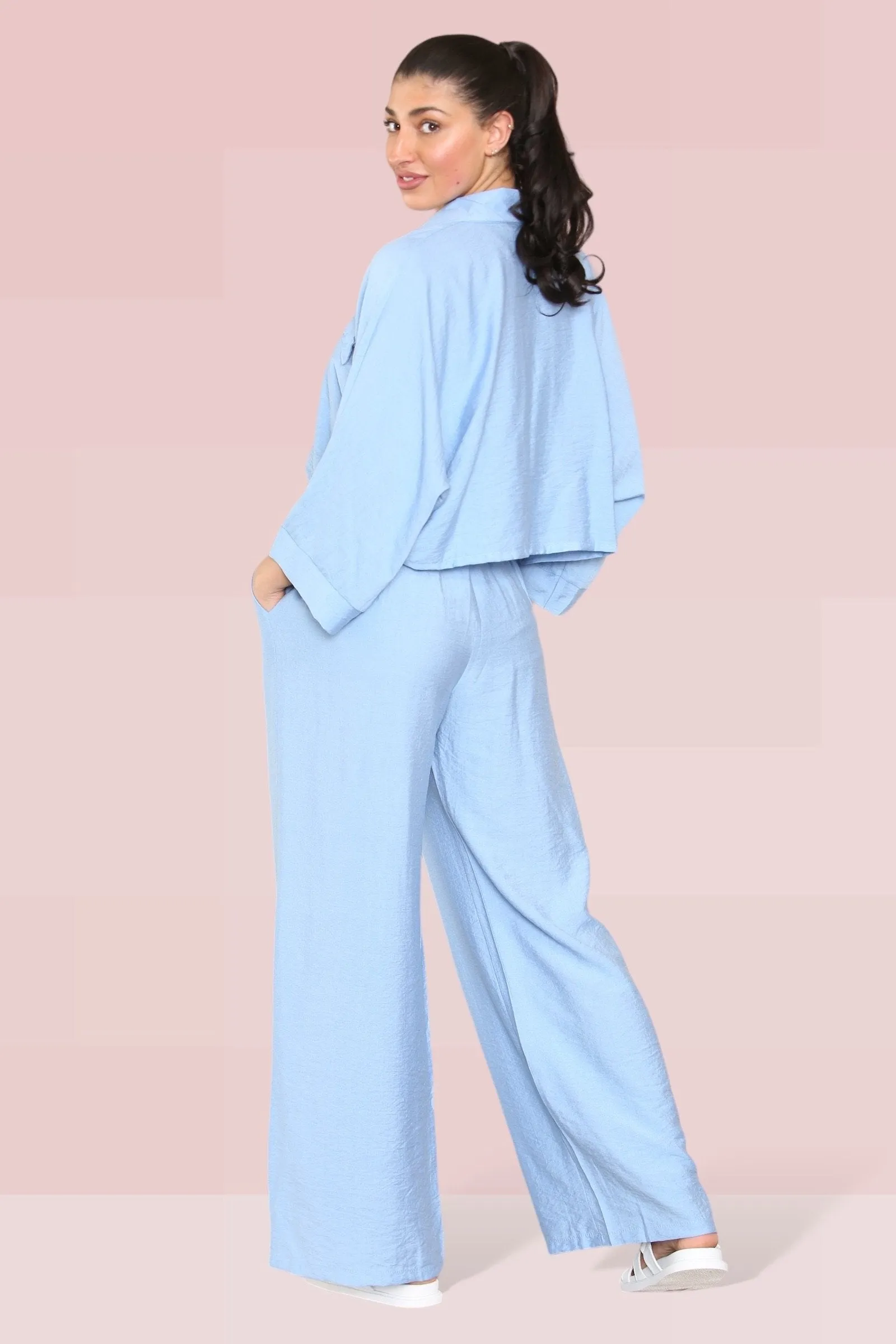 Versatile Half Sleeve Button Crop Top & Elastic Waist Trousers Co-ord