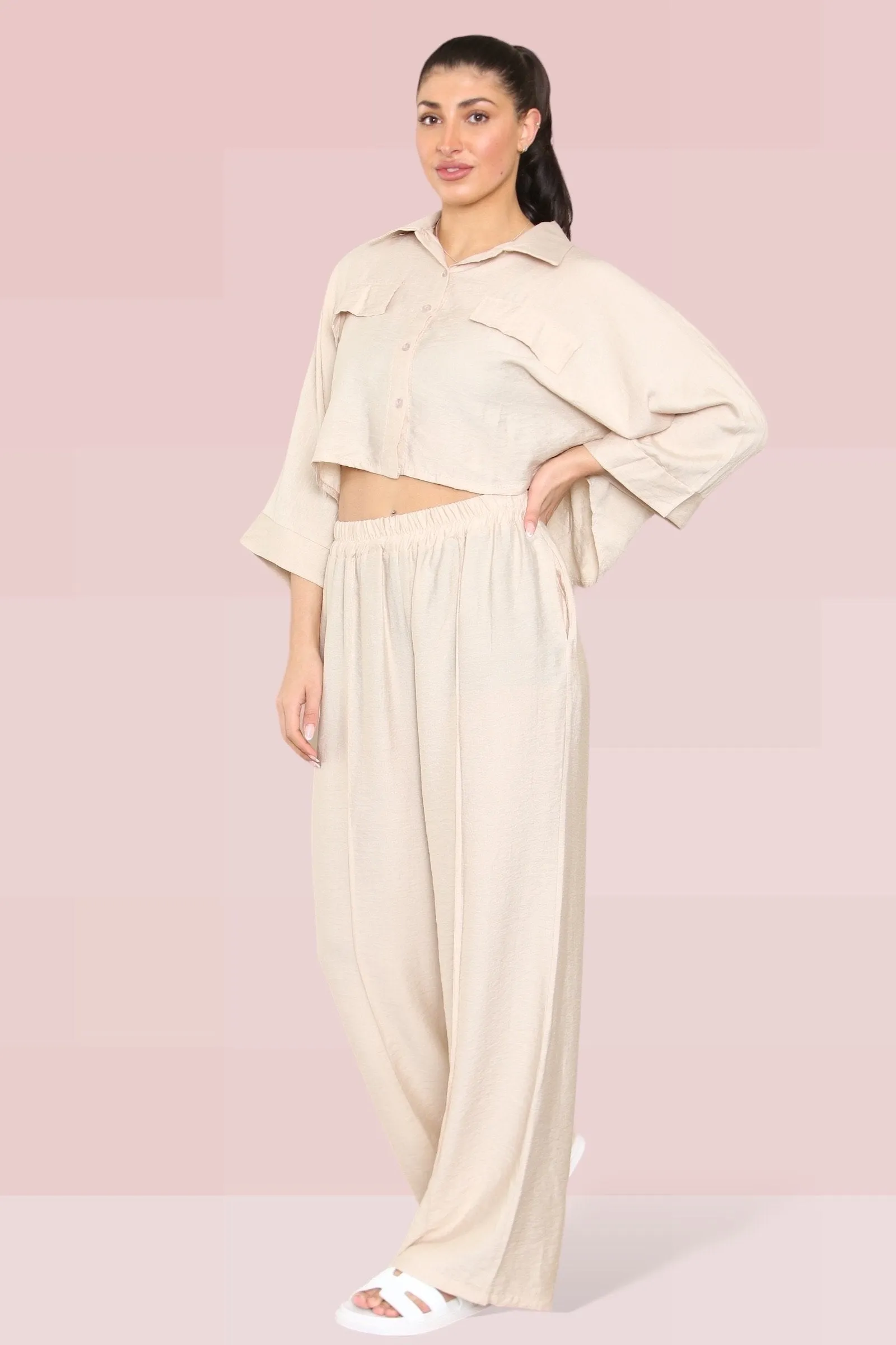 Versatile Half Sleeve Button Crop Top & Elastic Waist Trousers Co-ord