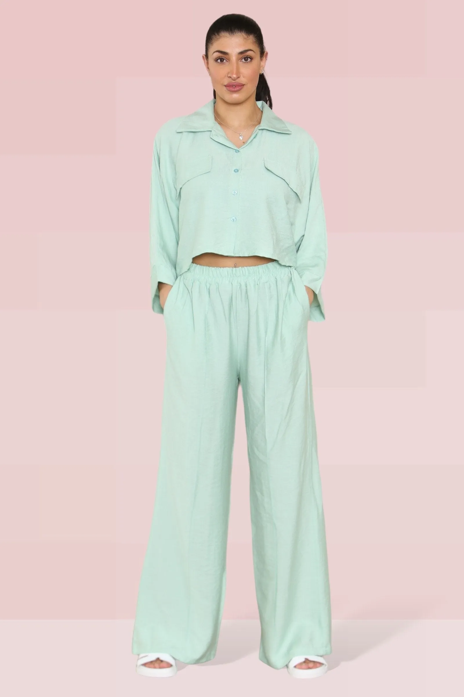 Versatile Half Sleeve Button Crop Top & Elastic Waist Trousers Co-ord