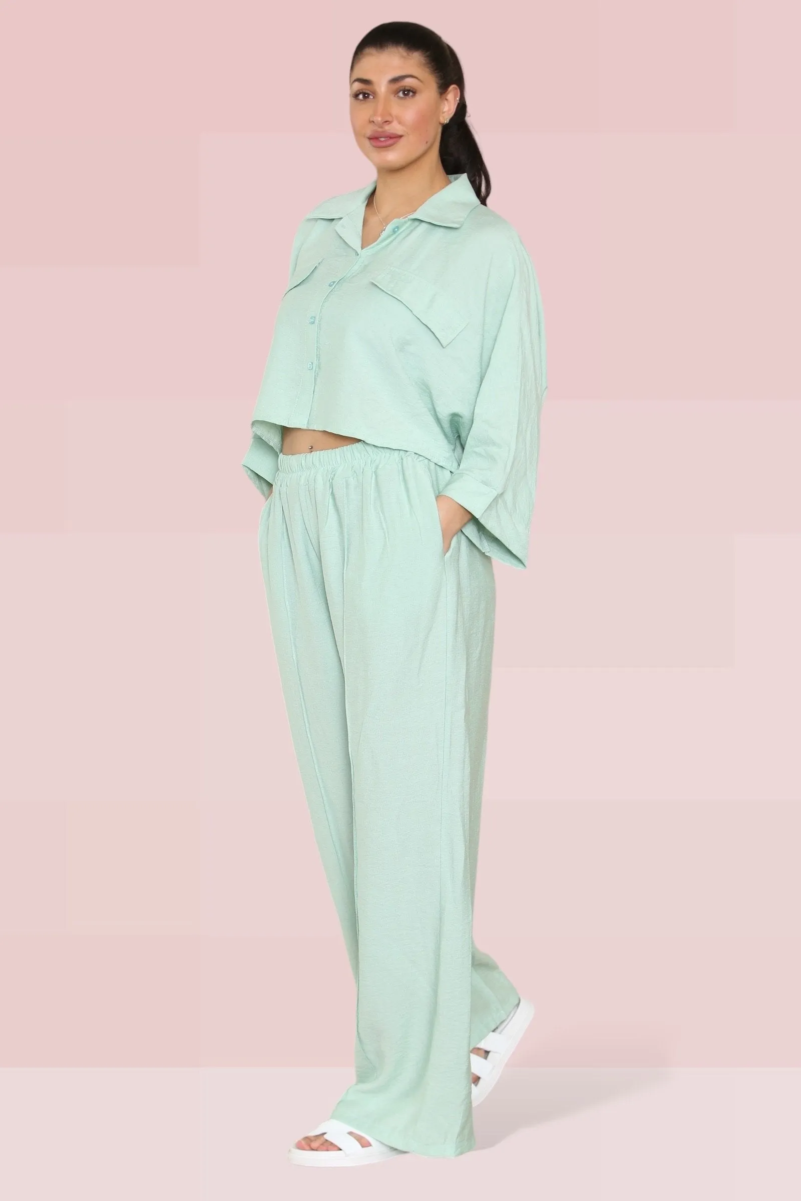 Versatile Half Sleeve Button Crop Top & Elastic Waist Trousers Co-ord