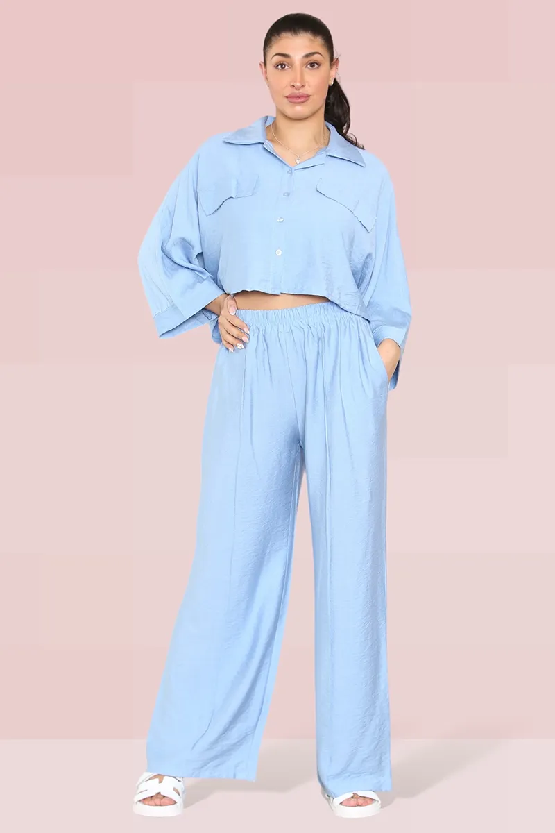 Versatile Half Sleeve Button Crop Top & Elastic Waist Trousers Co-ord