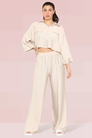 Versatile Half Sleeve Button Crop Top & Elastic Waist Trousers Co-ord