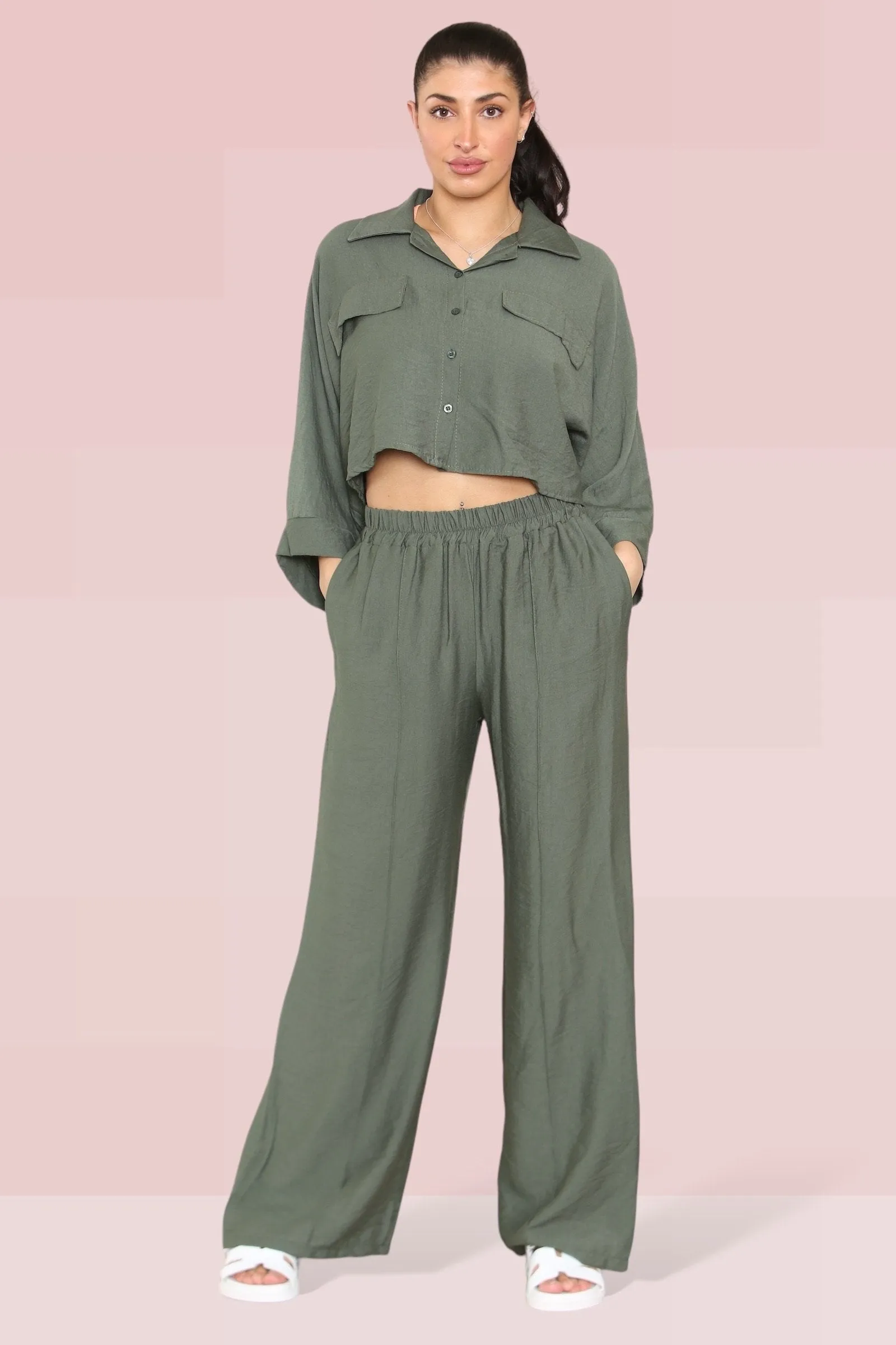 Versatile Half Sleeve Button Crop Top & Elastic Waist Trousers Co-ord