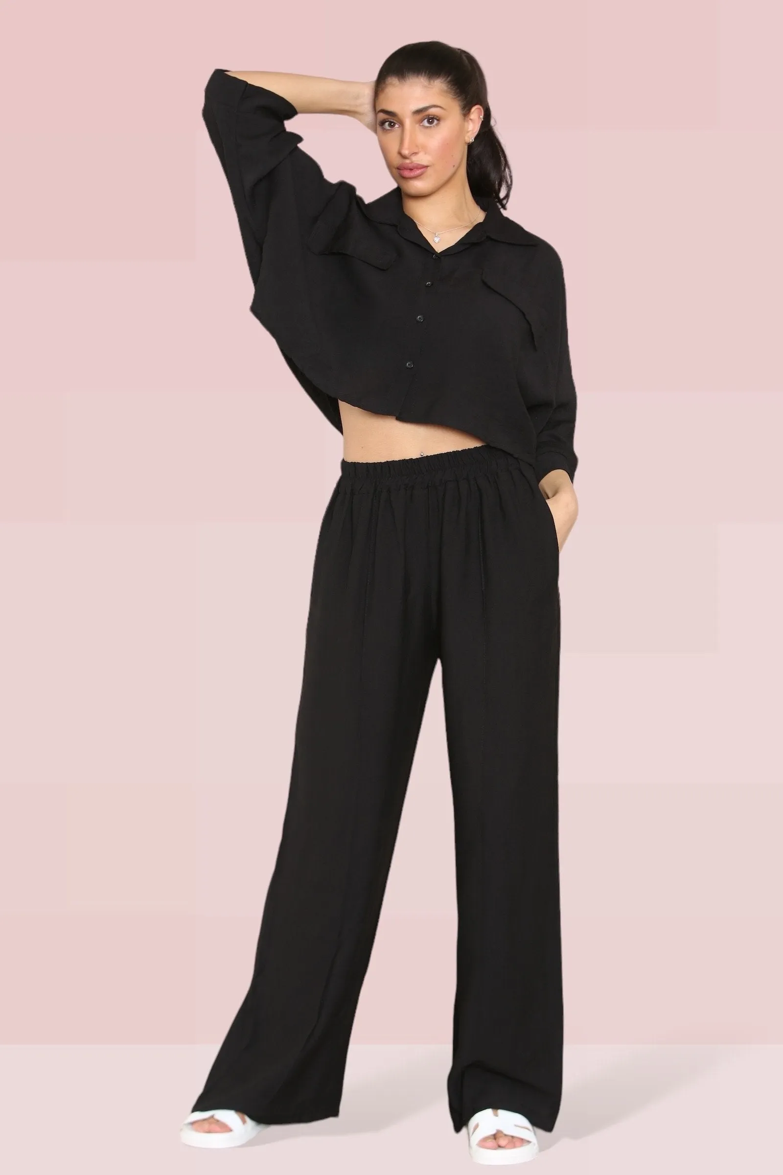 Versatile Half Sleeve Button Crop Top & Elastic Waist Trousers Co-ord