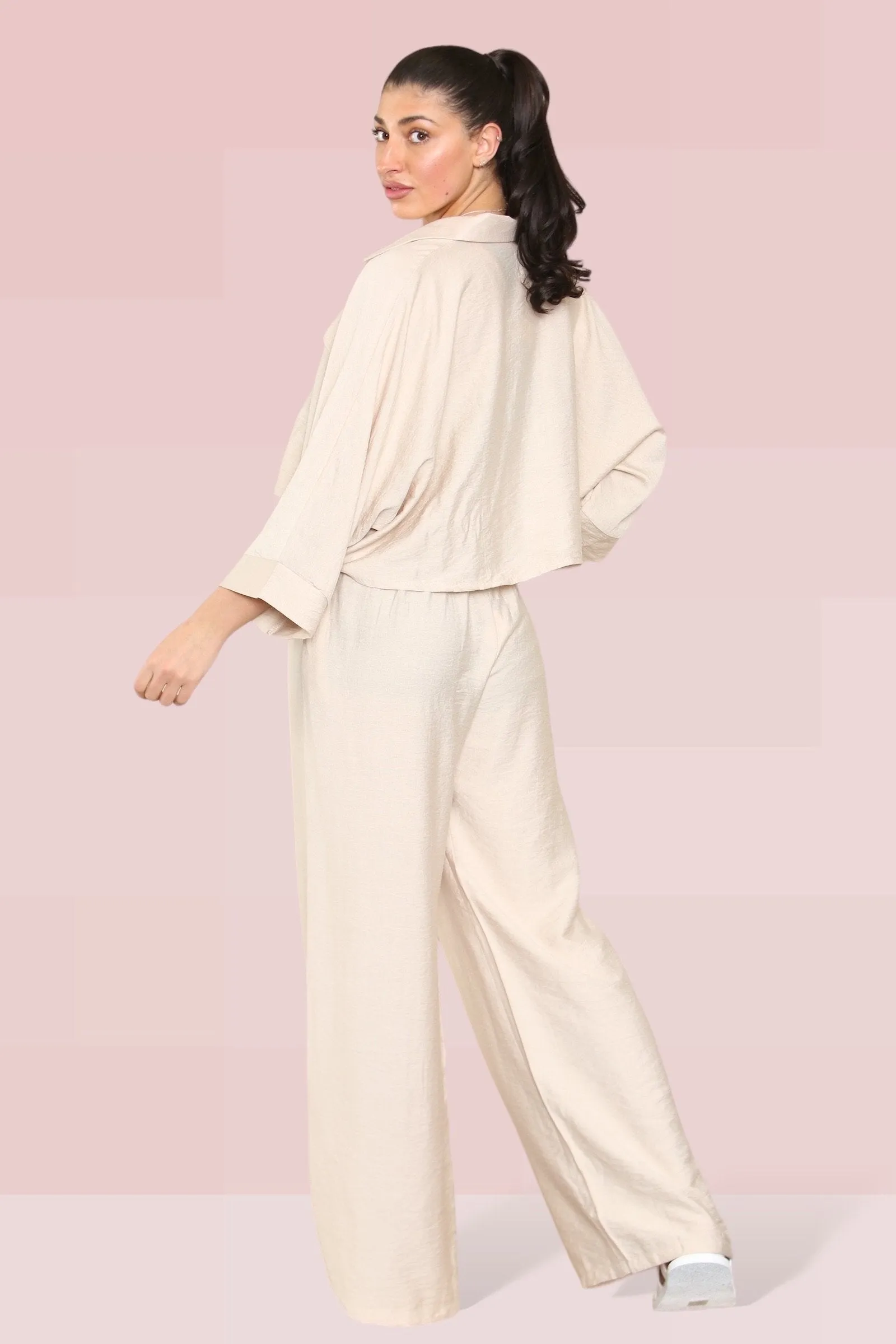 Versatile Half Sleeve Button Crop Top & Elastic Waist Trousers Co-ord