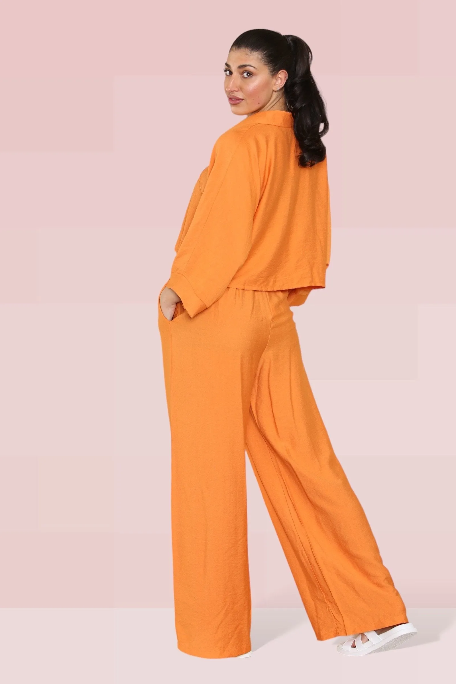 Versatile Half Sleeve Button Crop Top & Elastic Waist Trousers Co-ord