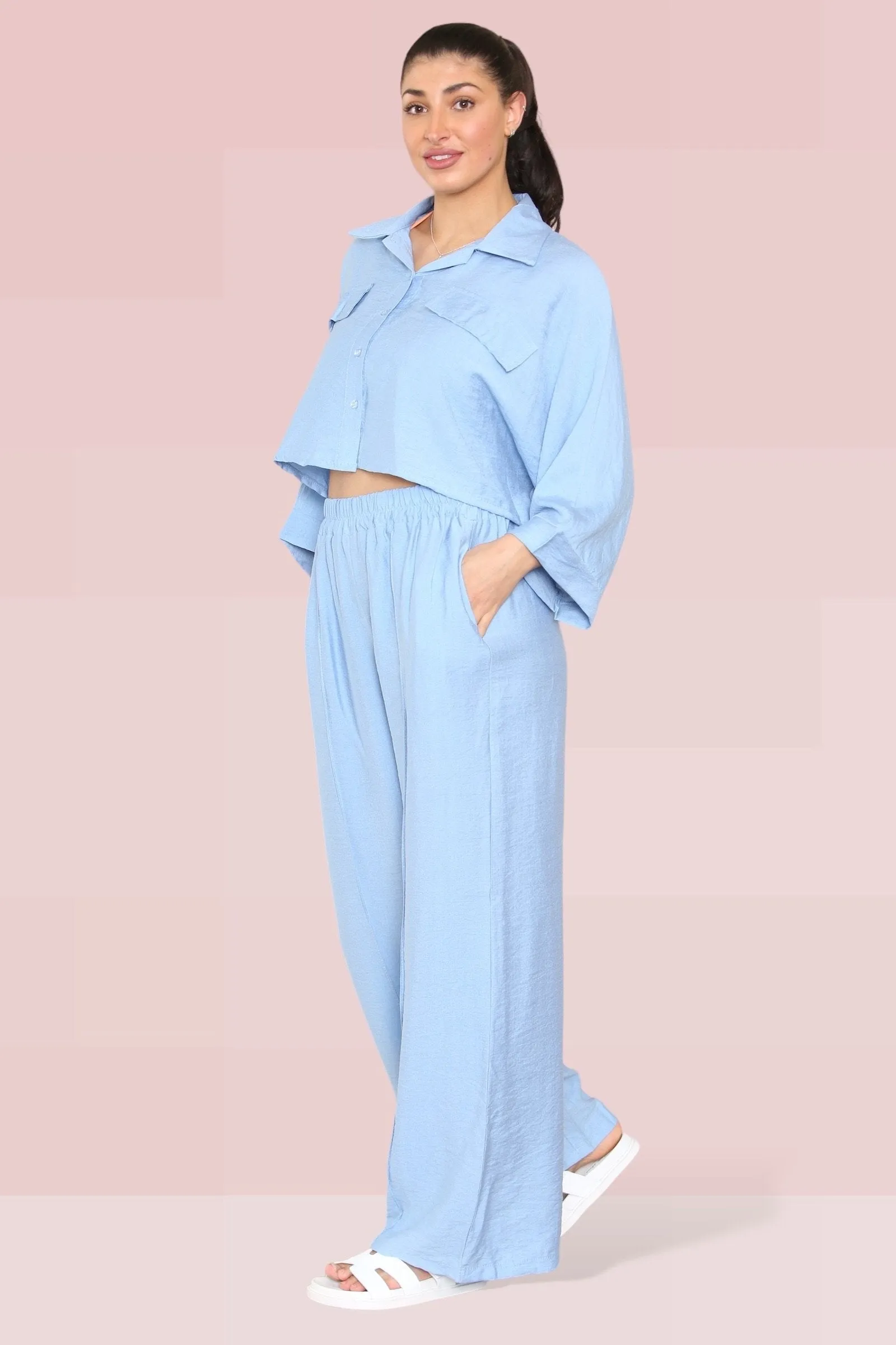 Versatile Half Sleeve Button Crop Top & Elastic Waist Trousers Co-ord