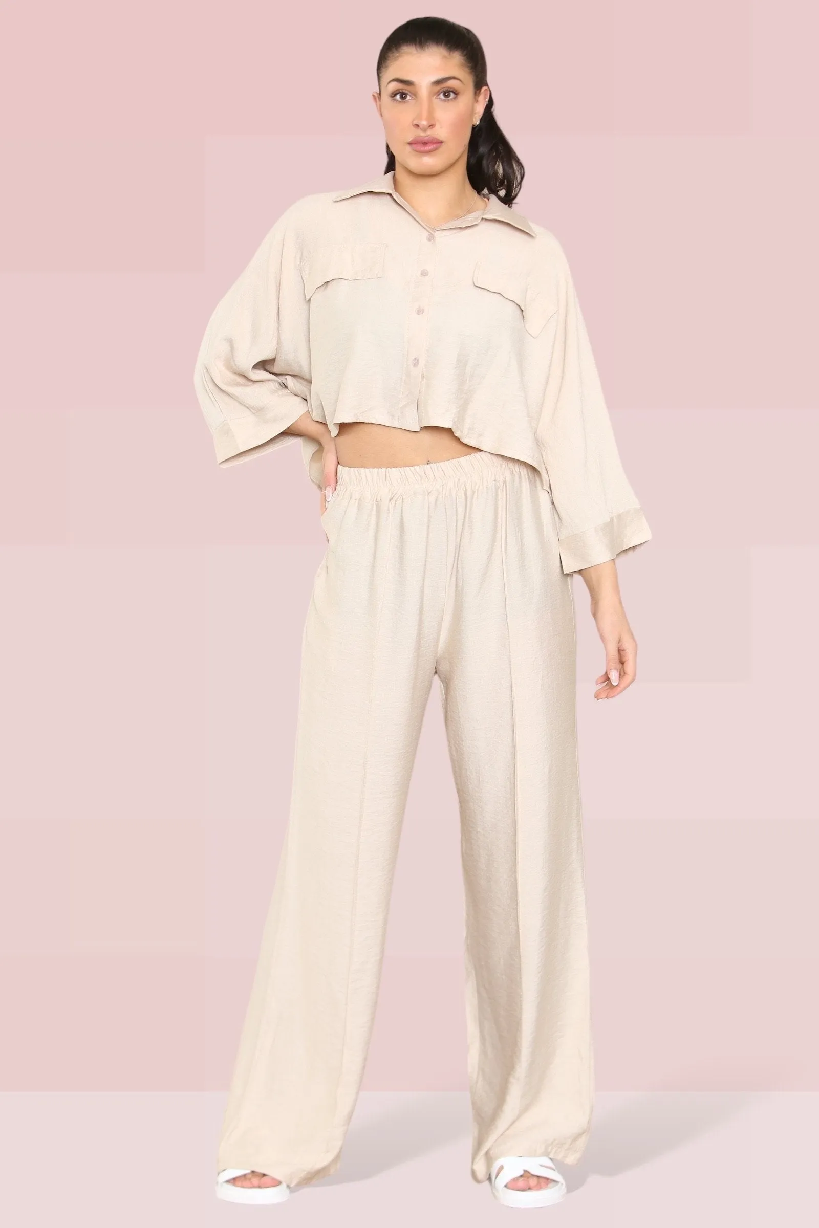 Versatile Half Sleeve Button Crop Top & Elastic Waist Trousers Co-ord