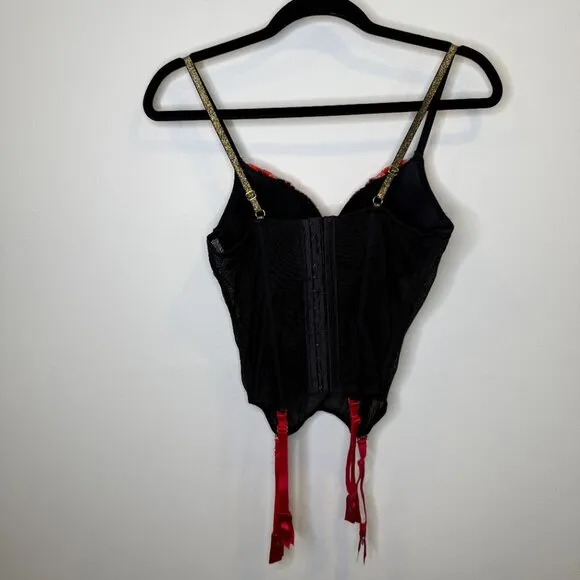 Victoria's Secret Black Push Up Corset Garter Slip Embroidered Floral Roses 34C