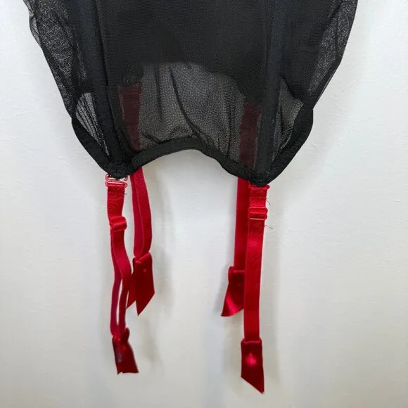 Victoria's Secret Black Push Up Corset Garter Slip Embroidered Floral Roses 34C